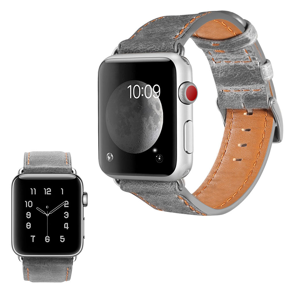 Meget hårdfør Apple Watch Series 5 44mm Ægte læder Rem - Sølv#serie_1