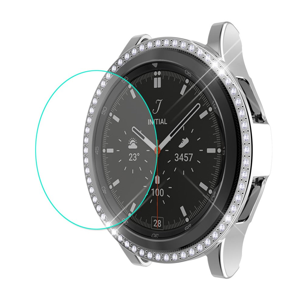 Mega Godt Samsung Galaxy Watch 4 Classic (46mm) Cover med Skærmbeskytter i Rhinsten og Hærdet Glas - Sølv#serie_3