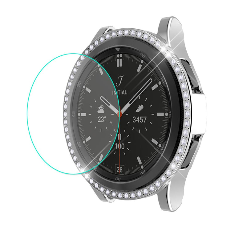 Mega Godt Samsung Galaxy Watch 4 Classic (46mm) Cover med Skærmbeskytter i Rhinsten og Hærdet Glas - Sølv#serie_3