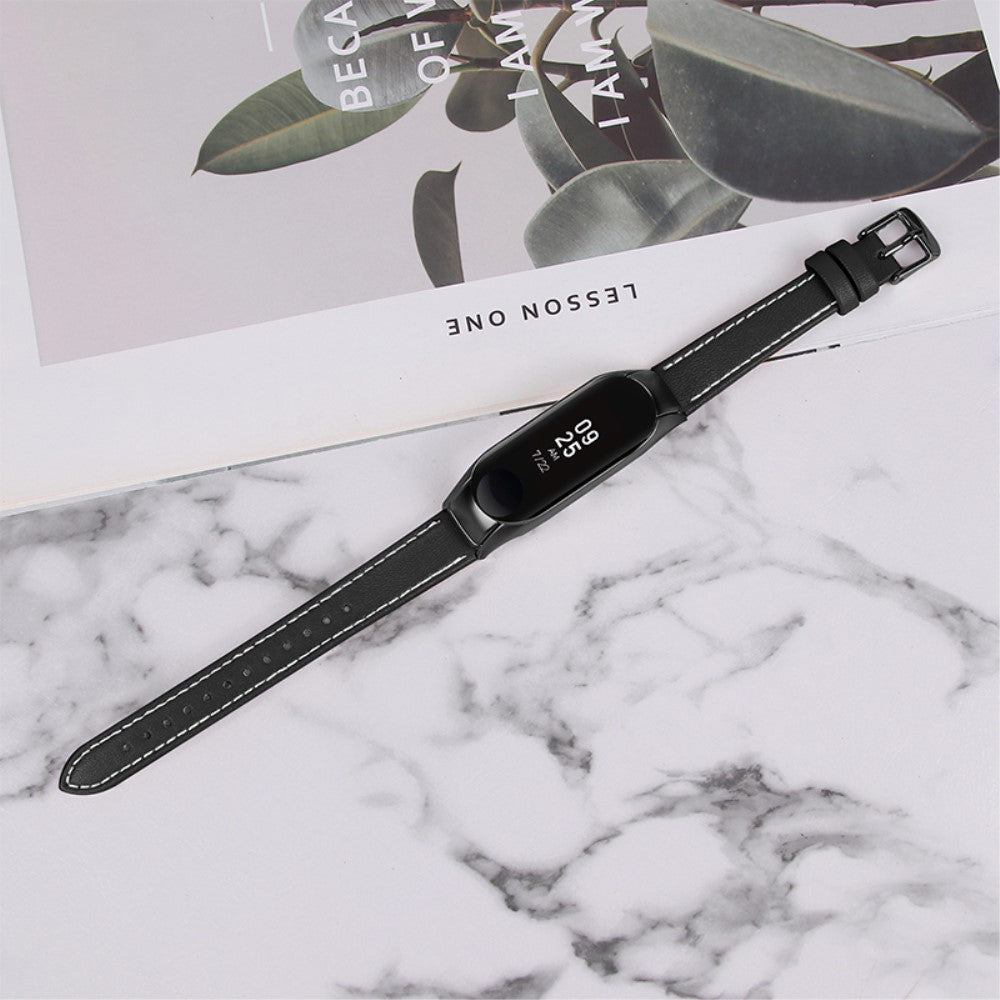 Super fint Xiaomi Mi Band 7 Ægte læder Urrem - Sort#serie_4