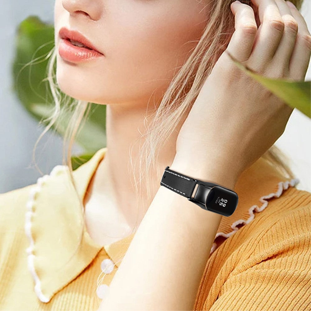 Super fint Xiaomi Mi Band 7 Ægte læder Urrem - Sort#serie_4