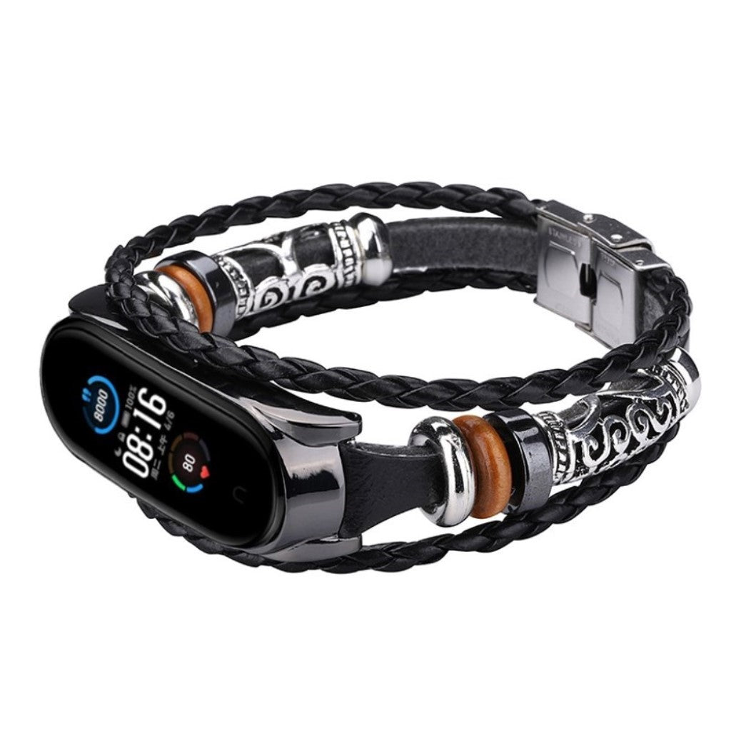 Vildt hårdfør Xiaomi Mi Band 5 Ægte læder og Metal Rem - Sort#serie_6