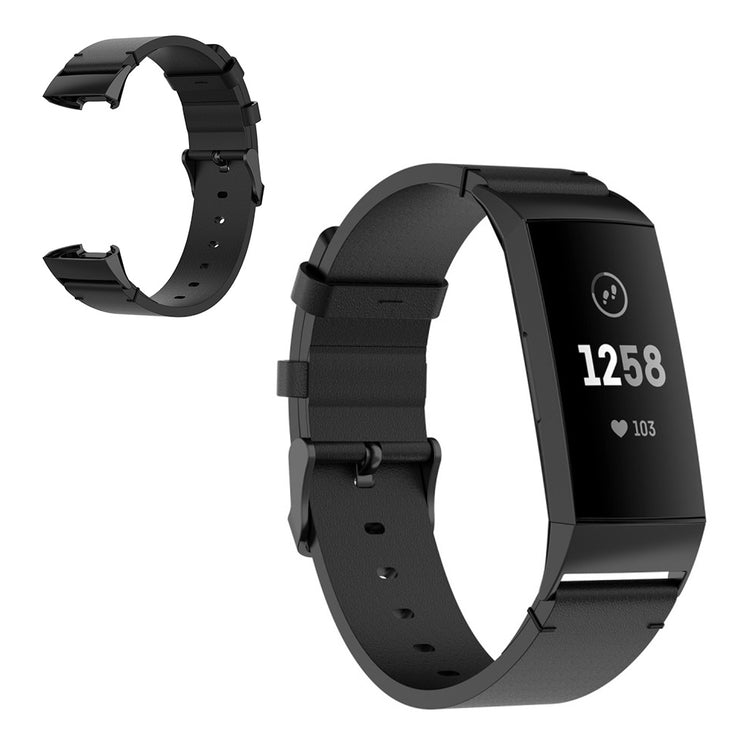 Mega kønt Fitbit Charge 4 / Fitbit Charge 3 Ægte læder Rem - Sort#serie_1