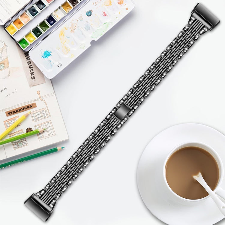 Fed Fitbit Charge 4 / Fitbit Charge 3 Metal og Rhinsten Rem - Sort#serie_1