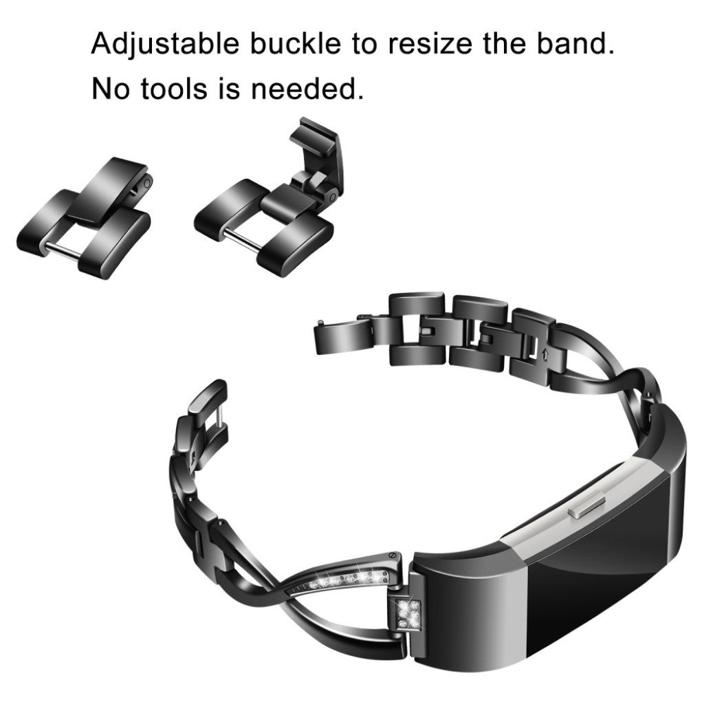 Mega fint Fitbit Charge 2 Metal og Rhinsten Rem - Sort#serie_2