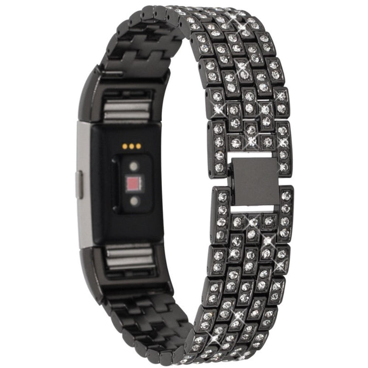Super slidstærk Fitbit Charge 2 Metal og Rhinsten Rem - Sort#serie_1