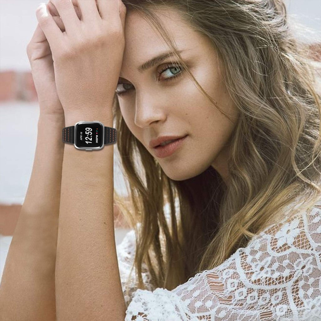 Kønt Fitbit Versa Lite Ægte læder Rem - Sort#serie_1