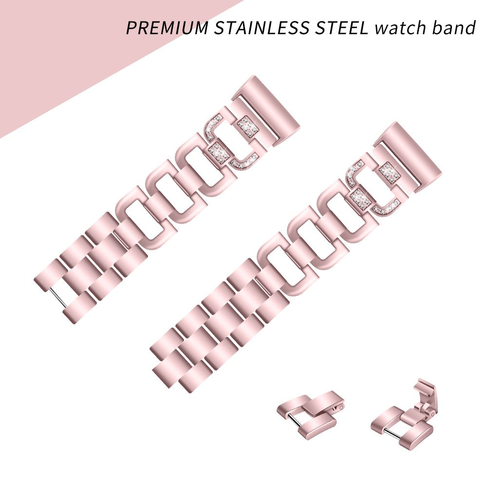 Mega hårdfør Fitbit Charge 3 Metal og Rhinsten Rem - Pink#serie_3
