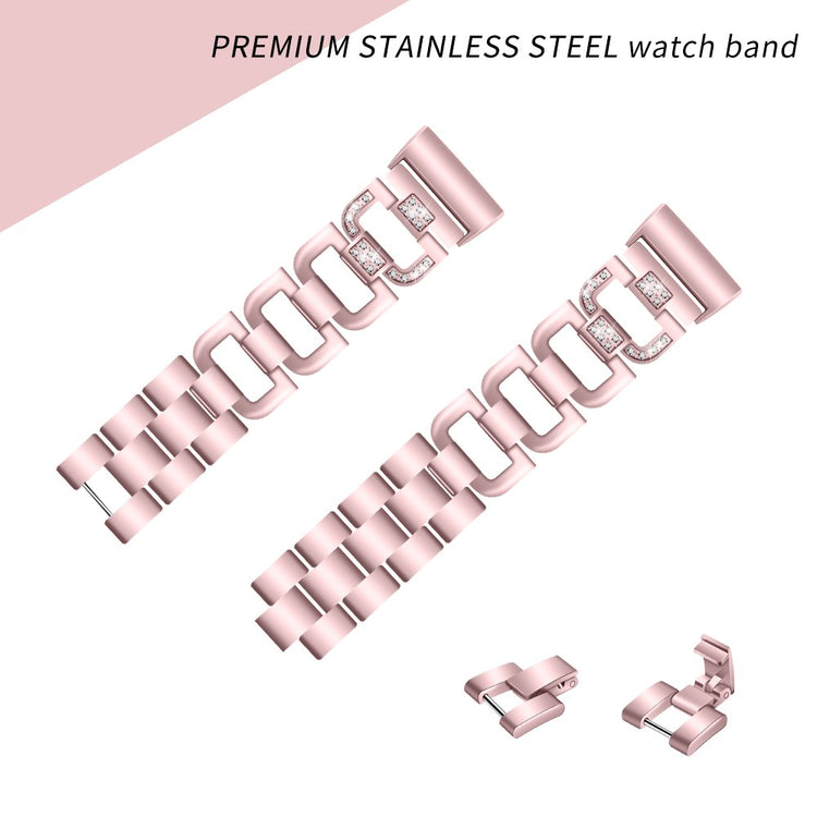 Mega hårdfør Fitbit Charge 3 Metal og Rhinsten Rem - Pink#serie_3