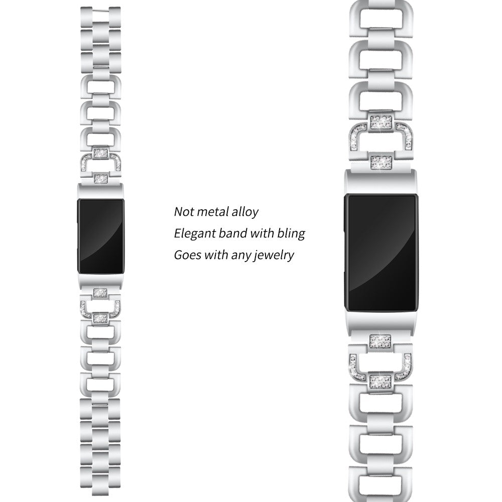 Mega hårdfør Fitbit Charge 3 Metal og Rhinsten Rem - Sølv#serie_5