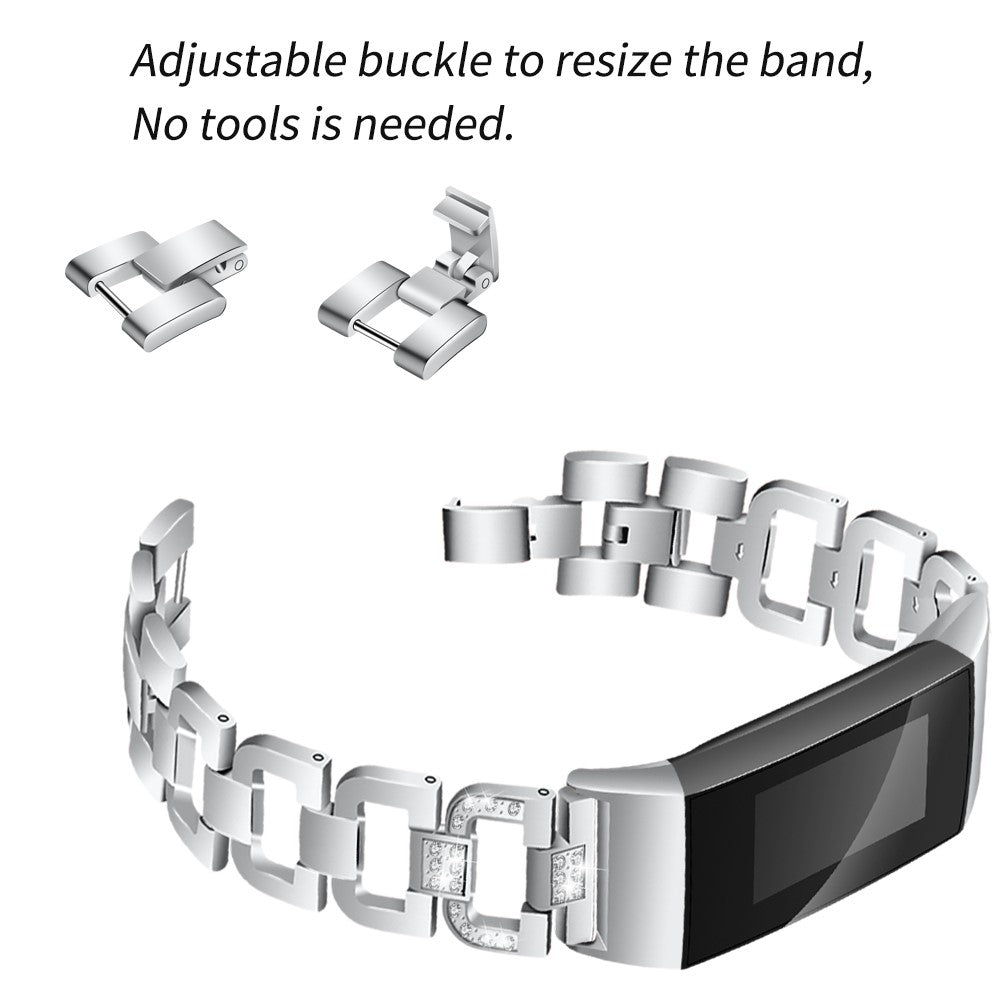 Mega hårdfør Fitbit Charge 3 Metal og Rhinsten Rem - Sølv#serie_5