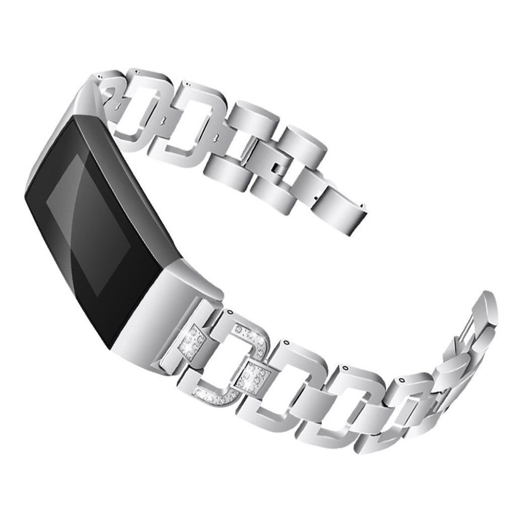 Mega hårdfør Fitbit Charge 3 Metal og Rhinsten Rem - Sølv#serie_5