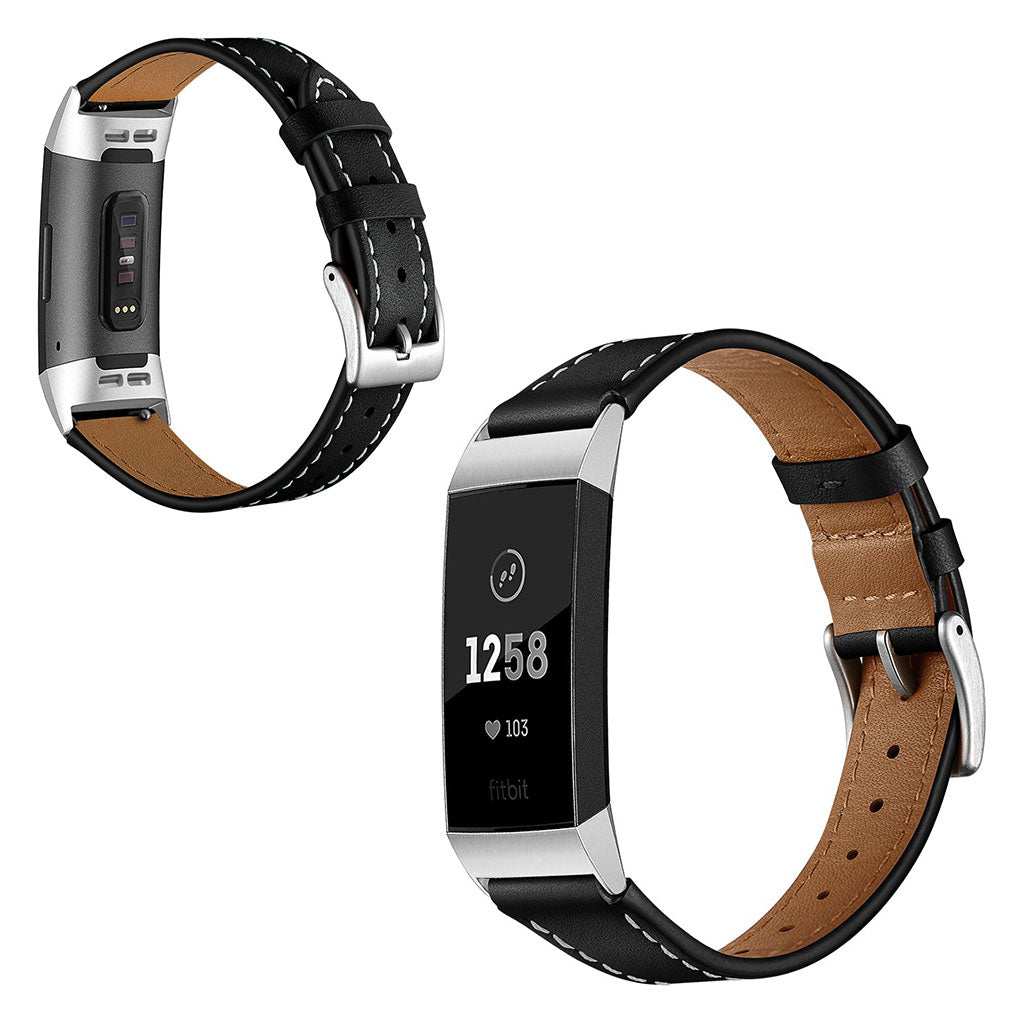 Vildt godt Fitbit Charge 3 Ægte læder Rem - Sort#serie_1