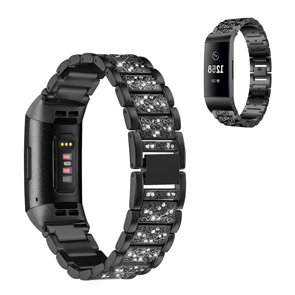 Fed Fitbit Charge 4 / Fitbit Charge 3 Metal og Rhinsten Rem - Sort#serie_1