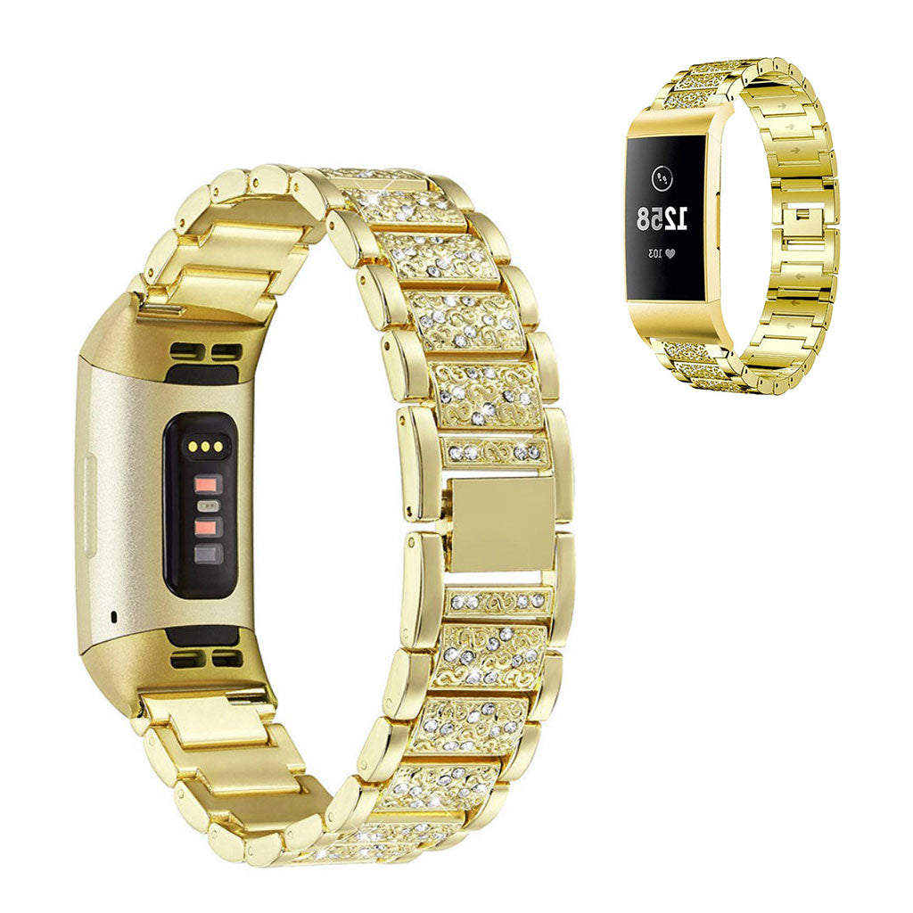 Fed Fitbit Charge 4 / Fitbit Charge 3 Metal og Rhinsten Rem - Guld#serie_2
