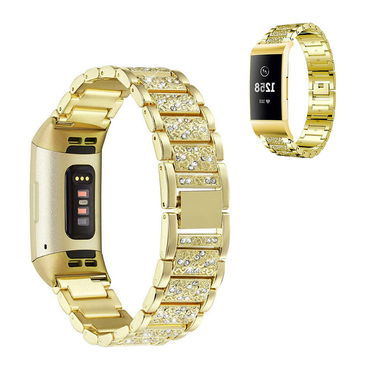 Fed Fitbit Charge 4 / Fitbit Charge 3 Metal og Rhinsten Rem - Guld#serie_2
