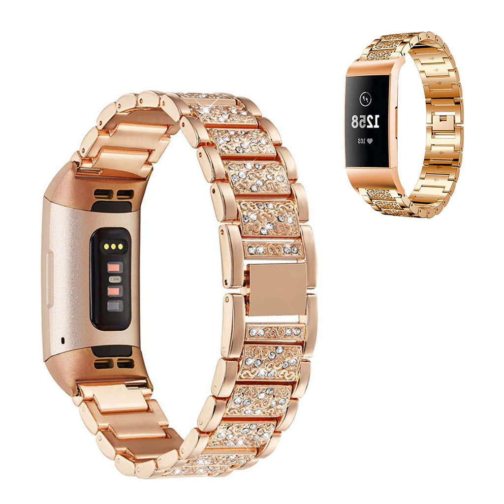 Fed Fitbit Charge 4 / Fitbit Charge 3 Metal og Rhinsten Rem - Pink#serie_3