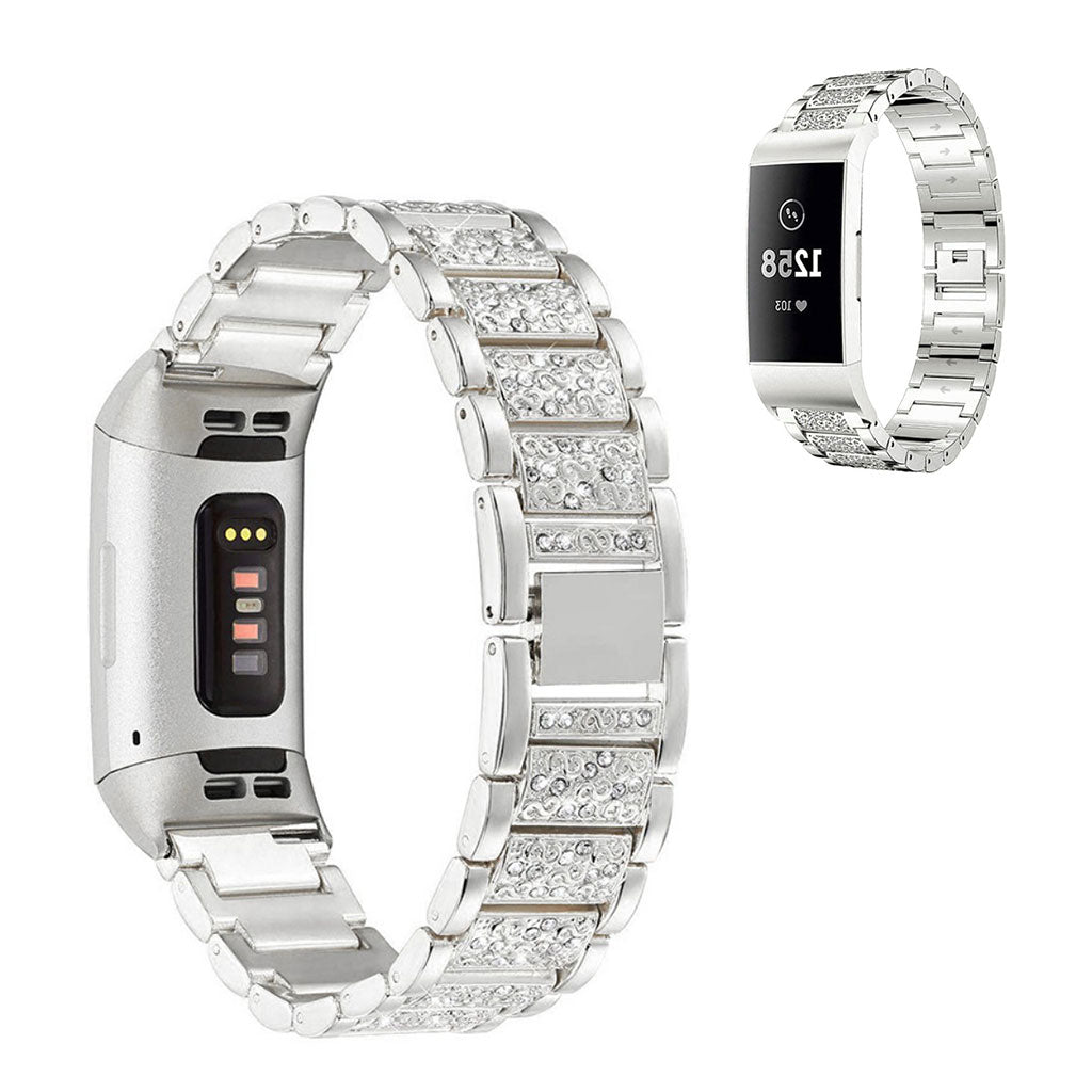 Fed Fitbit Charge 4 / Fitbit Charge 3 Metal og Rhinsten Rem - Sølv#serie_4
