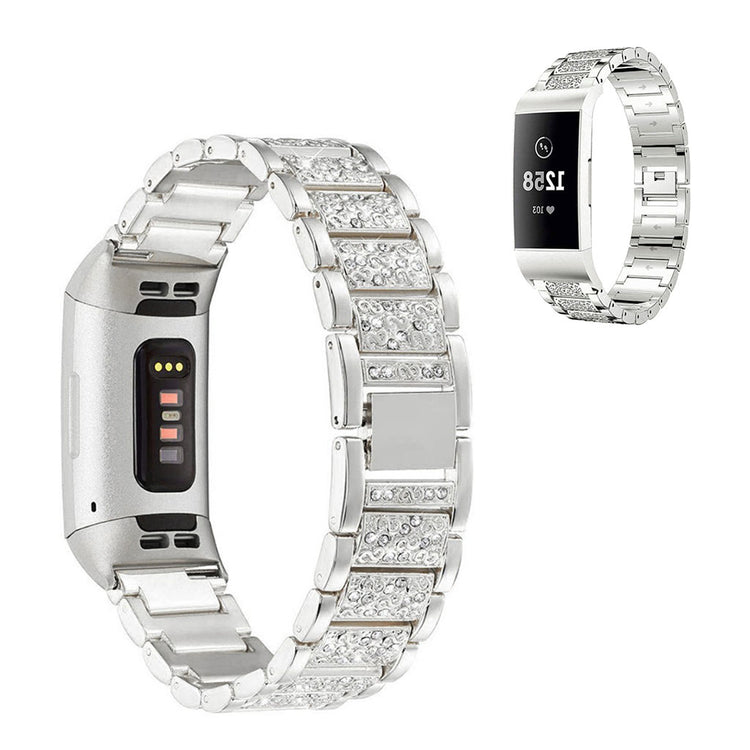 Fed Fitbit Charge 4 / Fitbit Charge 3 Metal og Rhinsten Rem - Sølv#serie_4
