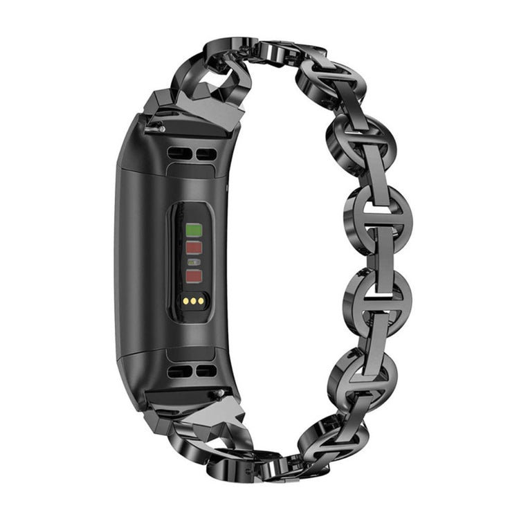 Fed Fitbit Charge 4 / Fitbit Charge 3 Metal og Rhinsten Rem - Sort#serie_1