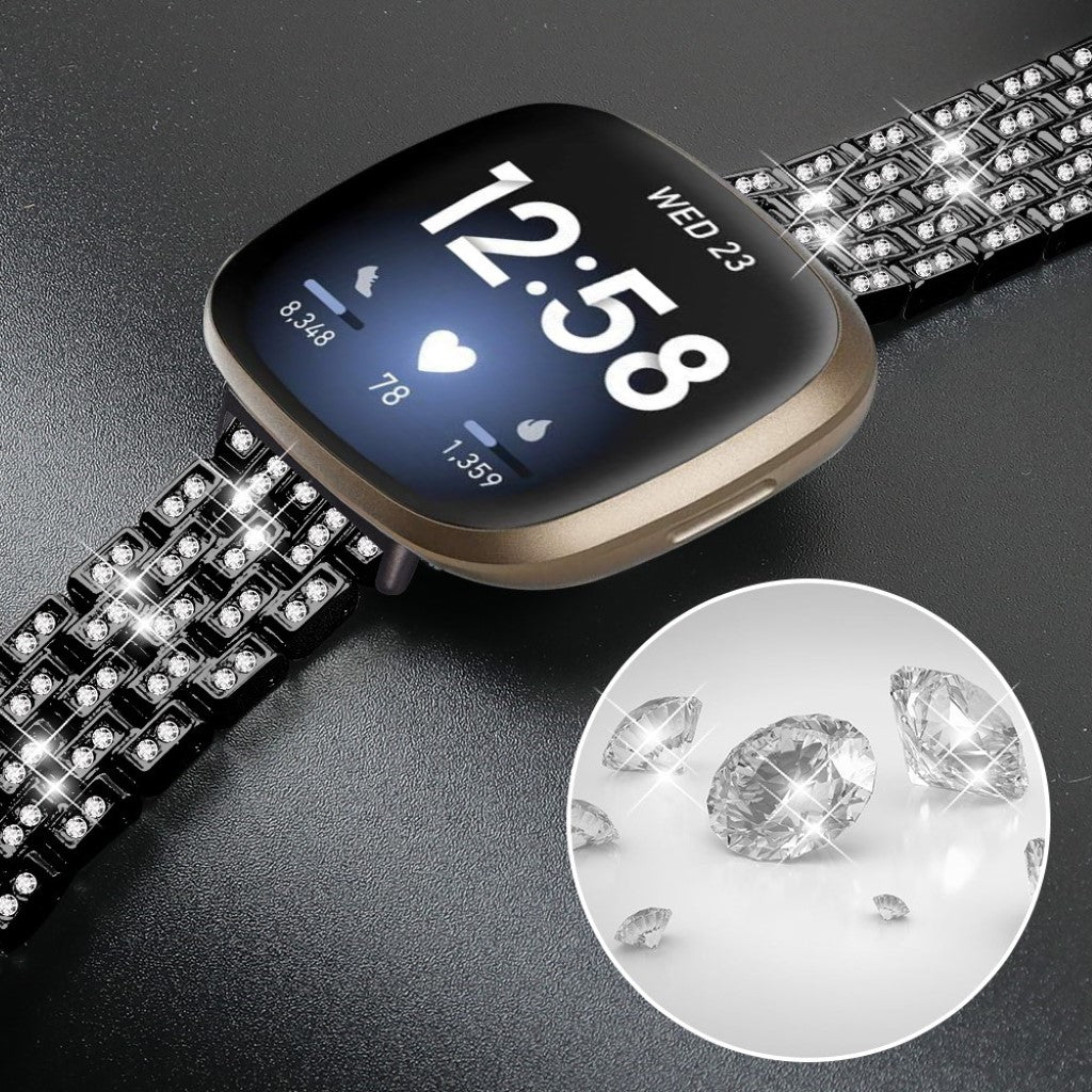 Smuk Fitbit Versa 3 / Fitbit Sense Metal og Rhinsten Rem - Sort#serie_1