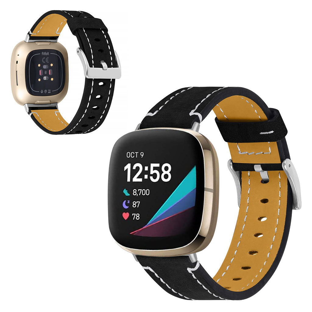 Rigtigt flot Fitbit Versa 3 Ægte læder Rem - Sort#serie_1