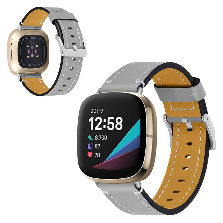 Rigtigt flot Fitbit Versa 3 Ægte læder Rem - Sølv#serie_2
