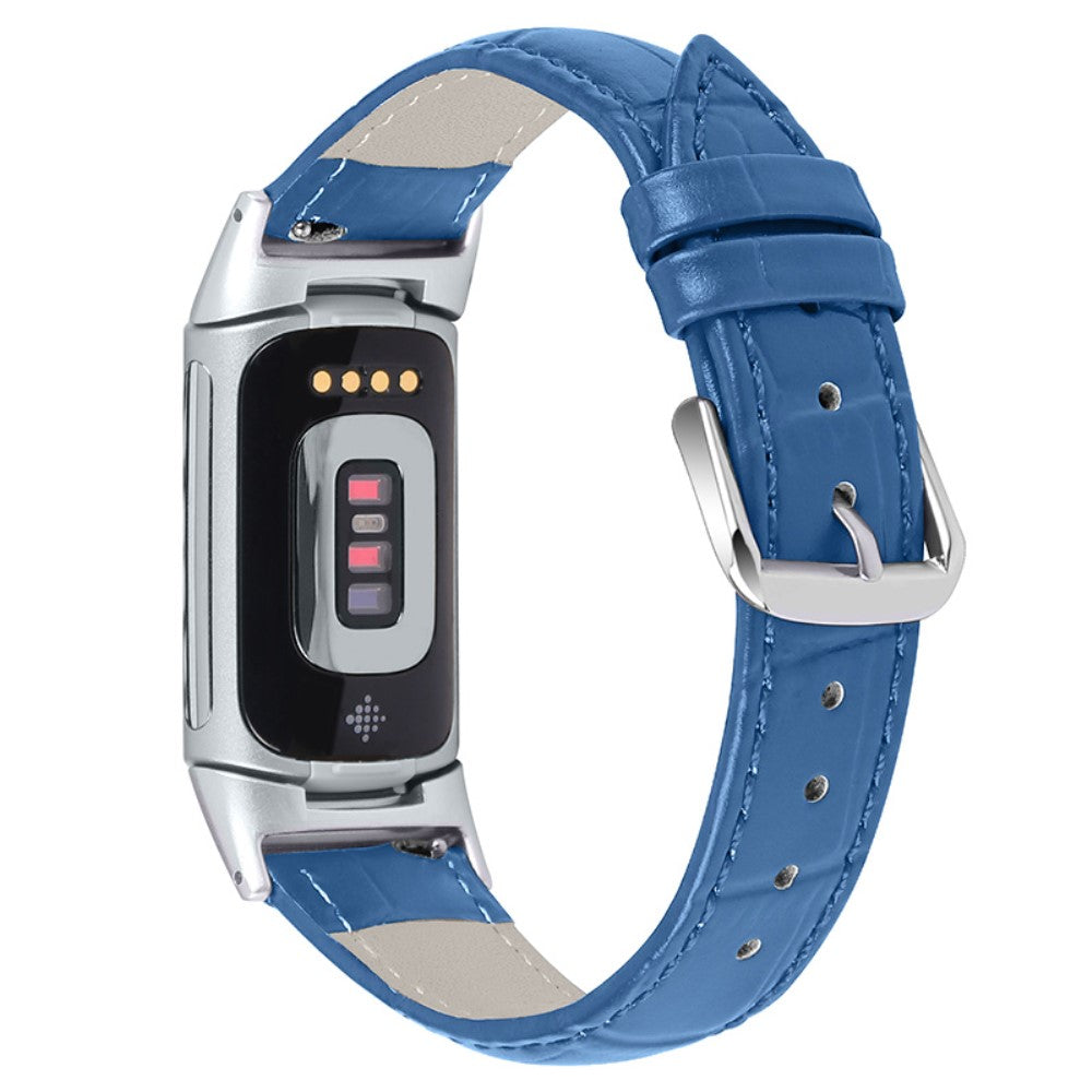 Nydelig Fitbit Charge 5 Ægte læder Rem - Blå#serie_2