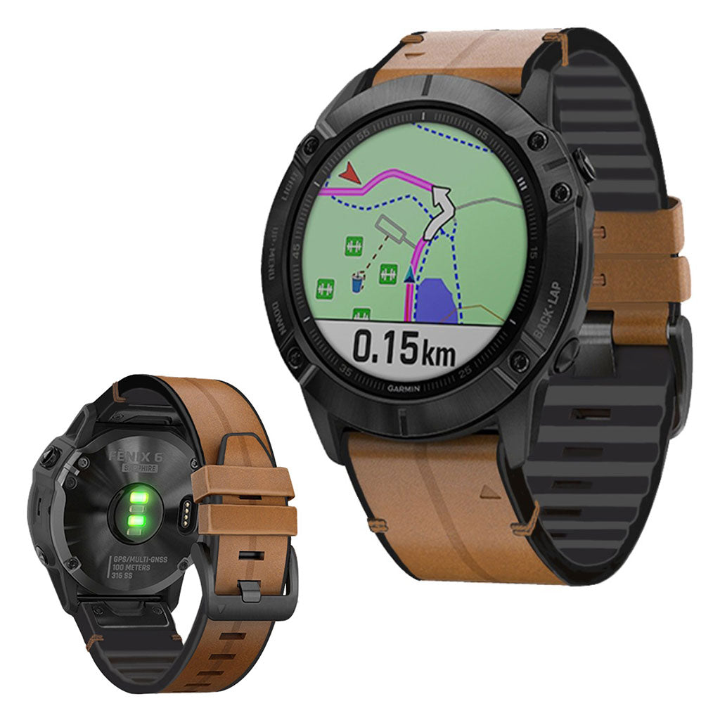  Garmin Fenix 6 / Garmin Fenix 5 Ægte læder og Silikone Rem - Brun#serie_1